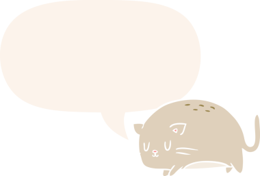 Bir insan tarafından çizilmiş konuşma baloncuğu olan sevimli şişman çizgi film kedisi.