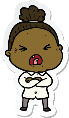 Bir insan tarafından çizilmiş kızgın yaşlı bir kadının çıkartması.