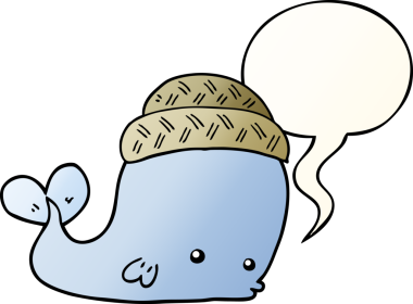 Bir insan tarafından çizilmiş, konuşma baloncuğu şeklinde şapkalı çizgi film balinası.