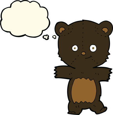 Bir insan tarafından çizilmiş düşünce baloncuğu olan sevimli çizgi film kara ayısı.