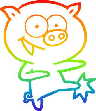 Bir insan tarafından çizilmiş neşeli, dans eden domuz çizgi filminin çizimi.