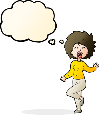 Bir insan tarafından çizilmiş düşünce baloncuğuyla dans eden çizgi film kadını.