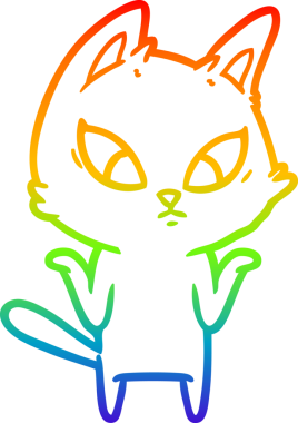 Karmaşık çizgi film kedisinin çizdiği gökkuşağı gradyanı bir insan tarafından çizilmiş omuz silkiyor.