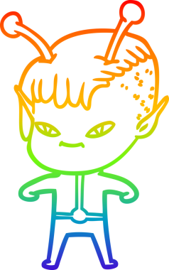 Gökkuşağı gradyan çizgisi bir insan tarafından çizilmiş şirin bir uzaylı kızın çizimi.