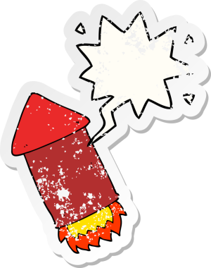 Konuşma baloncuklu çizgi film roketi bir insan tarafından çizilmiş sıkıntılı eski bir çıkartma