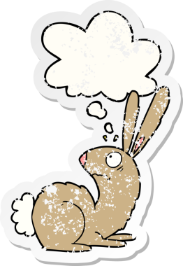 Düşünce baloncuğu olan ürkmüş tavşan bir insan tarafından çizilmiş yıpranmış bir çıkartma.