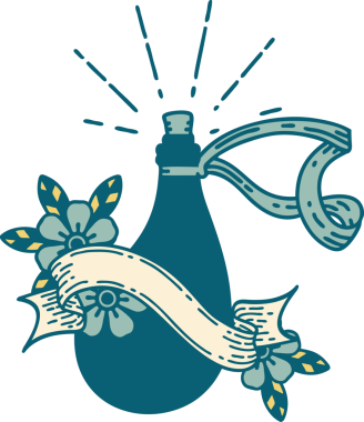 Dövme stili bir afiş. Bir insan tarafından çizilmiş eski deri su şişesi.