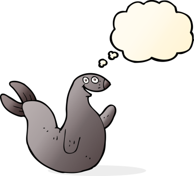 Bir insan tarafından çizilmiş düşünce baloncuklu mutlu fok.