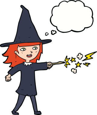 Karikatür cadısı bir insan tarafından çizilmiş düşünce balonuyla büyü yapıyor.