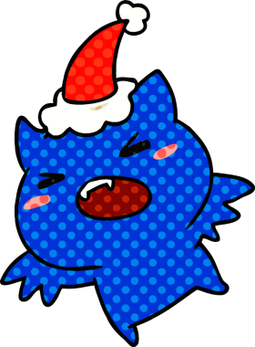 Bir insan tarafından çizilmiş kawaii yarasasının el çizimi Noel karikatürü.