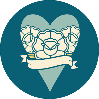 İkonik dövme stili bir kalp ve bir insan tarafından çizilmiş çiçekli pankart.