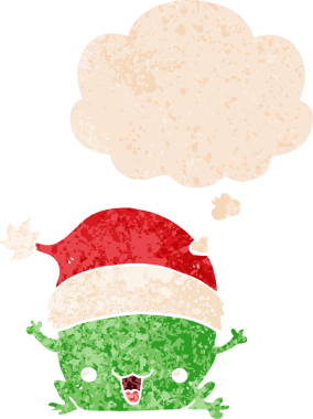 Hoş bir çizgi film Noel kurbağası. Düşünce baloncuğu ve grunge dertli retro tarzı bir insan tarafından çizilmiş.