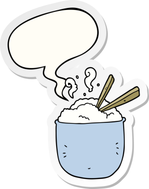 Bir insan tarafından çizilmiş konuşma balonu çıkartmalı pirinç kasesi.