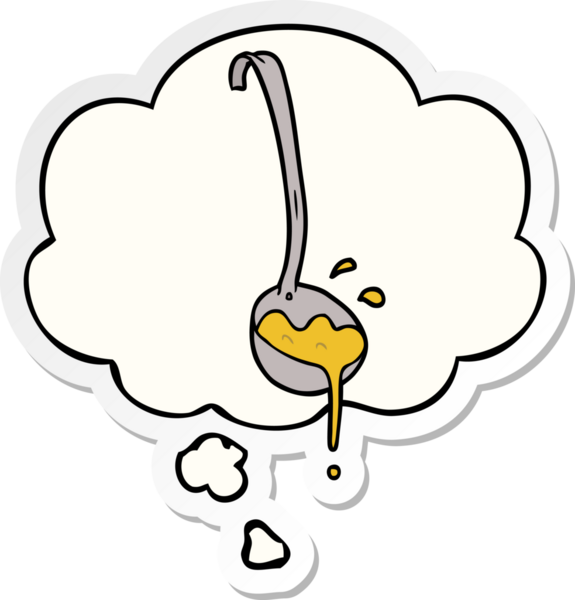 Düşünce baloncuklu çorba kepçesi insan tarafından çizilmiş bir çıkartma gibi.