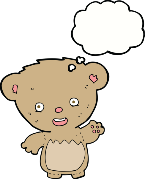 Bir insan tarafından çizilmiş düşünce baloncuğuyla sallanan oyuncak ayı.