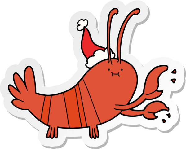 Bir insan tarafından çizilmiş Noel Baba şapkası takan ıstakozun el çizimi karikatürü.