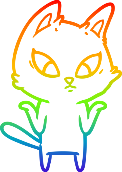 Karmaşık çizgi film kedisinin çizdiği gökkuşağı gradyanı bir insan tarafından çizilmiş omuz silkiyor.