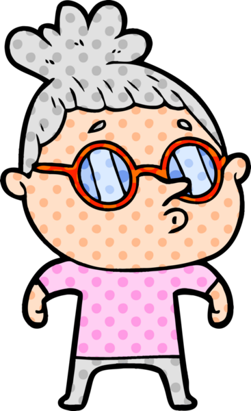 Bir insan tarafından çizilmiş gözlüklü bir karikatür kadın.