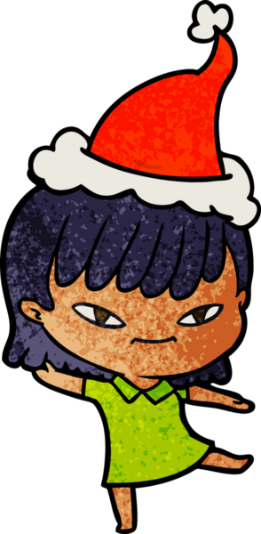 Bir insan tarafından çizilmiş Noel Baba şapkası giyen bir kadının el çizimi karikatürü.