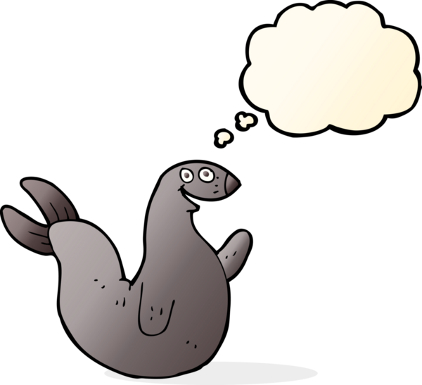 Bir insan tarafından çizilmiş düşünce baloncuklu mutlu fok.