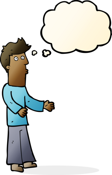 Bir insan tarafından çizilen düşünce baloncuğuyla açıklama yapan çizgi film adamı.