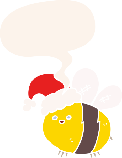 Bir insan tarafından çizilmiş eski moda konuşma balonlu Noel şapkası takan sevimli çizgi film arısı.