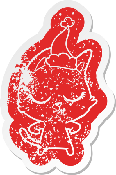 Sakin çizgi film Noel Baba şapkası takan bir kedinin insan tarafından çizilmiş sıkıntılı çıkartması.