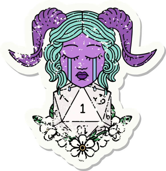 Bir insan tarafından çizilmiş doğal bir D20 zarla bağlanmış ağlama etiketi.