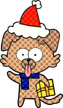 Bir insan tarafından çizilmiş Noel Baba şapkası takan bir köpeğin el çizimi çizgi roman tasviri.