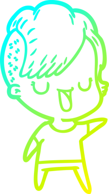 Hipster saç kesimi bir insan tarafından çizilmiş hoş bir çizgi film kızı çizimi.