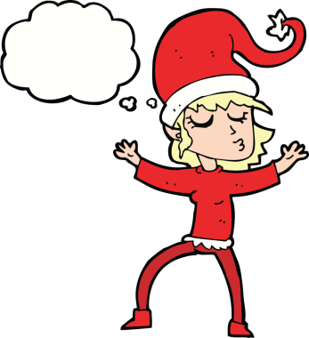 Noel Baba 'nın insan tarafından çizilmiş düşünce balonlu yardımcı karikatürü.