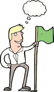 Bir insan tarafından çizilmiş düşünce baloncuğuyla bayrak diken çizgi film adamı.