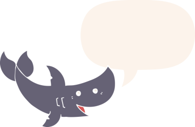 Bir insan tarafından çizilmiş, konuşma baloncuklu çizgi film köpekbalığı.