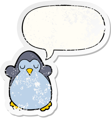 Konuşma baloncuğu olan karikatür pengueni bir insan tarafından çizilmiş sıkıntılı eski bir çıkartma