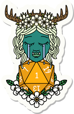 Hüzünlü yarı ork bir Druid karakterinin çıkartması. Bir insan tarafından çizilmiş doğal bir zar.