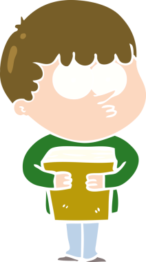 Düz renkli çizgi film meraklısı çocuk elinde bir insan tarafından çizilmiş bir kitap tutuyor.