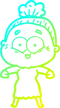 Bir insan tarafından çizilmiş, mutlu, yaşlı bir kadının çizimi.