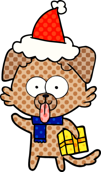 Bir insan tarafından çizilmiş Noel Baba şapkası takan bir köpeğin el çizimi çizgi roman tasviri.