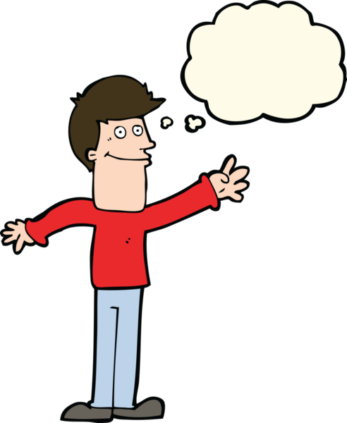 Bir insan tarafından çizilmiş düşünce baloncuğuyla el sallayan mutlu bir adam.