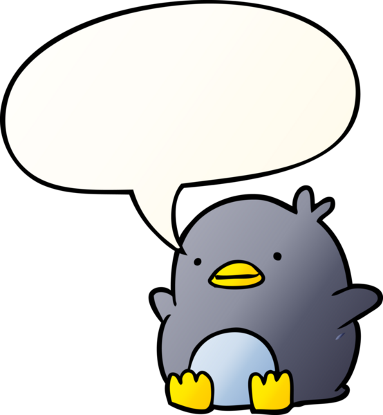 Bir insan tarafından çizilmiş düzgün eğimli konuşma baloncuğu olan sevimli penguen çizgi filmi