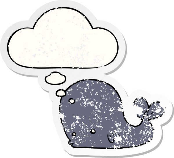 Düşünce baloncuğu olan karikatür balinası bir insan tarafından çizilmiş yıpranmış bir çıkartma.