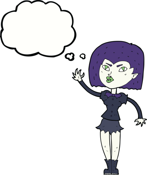 Bir insan tarafından çizilmiş düşünce balonlu güzel vampir kız çizgi filmi.