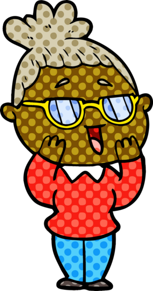 Bir insan tarafından çizilmiş gözlüklü mutlu kadın çizgi filmi.