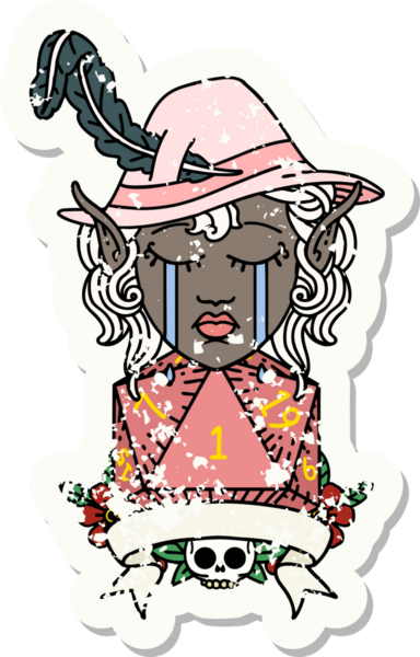 Retro Dövme Tarzı Ağlayan Elf Ozan Karakteri Bir insan tarafından çizilmiş doğal D20 rulo