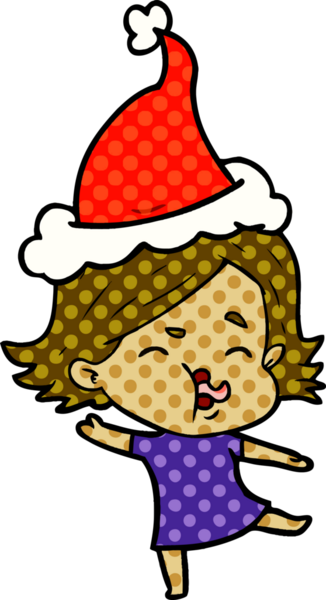 Bir insan tarafından çizilmiş Noel Baba şapkası takan bir kızın el çizimi çizgi roman tasviri