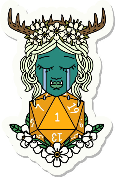 Hüzünlü yarı ork bir Druid karakterinin çıkartması. Bir insan tarafından çizilmiş doğal bir zar.