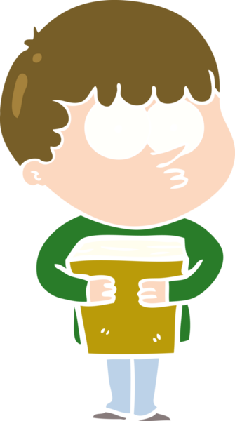 Düz renkli çizgi film meraklısı çocuk elinde bir insan tarafından çizilmiş bir kitap tutuyor.