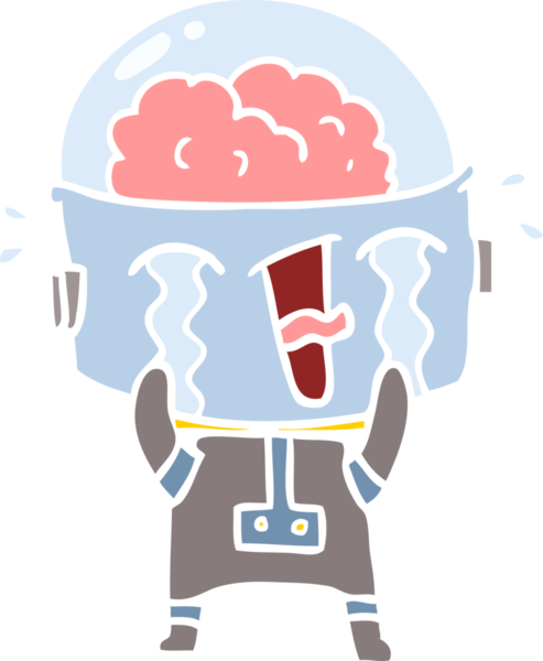 Bir insan tarafından çizilmiş düz renkli karikatür ağlayan robot.