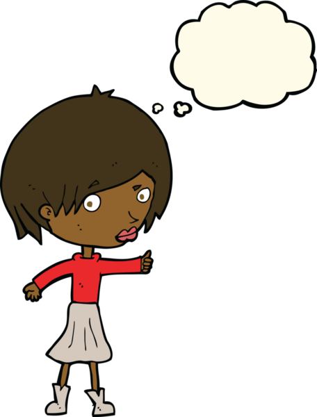 Bir insan tarafından çizilmiş düşünce baloncuğuyla kaşlarını kaldıran çizgi film kadını.