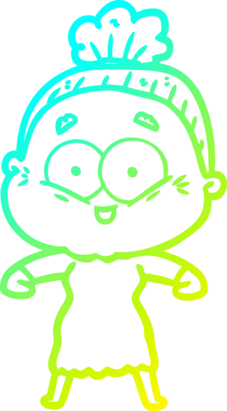 Bir insan tarafından çizilmiş, mutlu, yaşlı bir kadının çizimi.